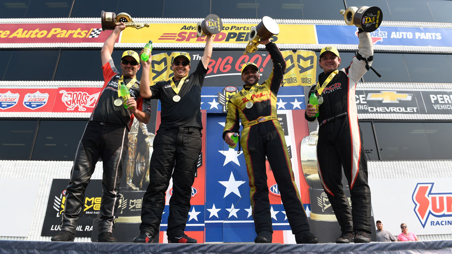 Event winners, from left, Eddie Krawiec, Drew Skillman, J.R. Todd, and Steve Torrence take the stage. 