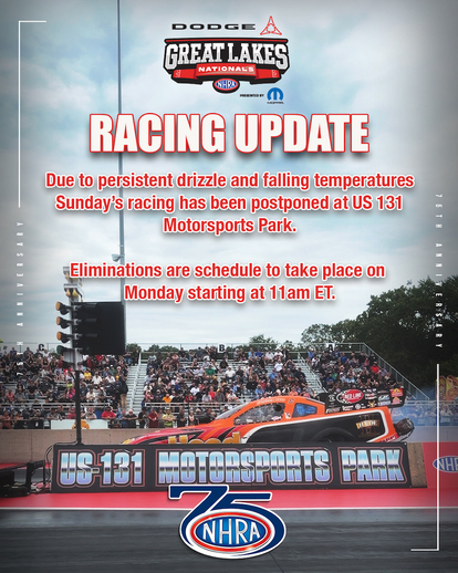 Persistent weather postpones Dodge NHRA Great Lakes Nationals racing until Monday