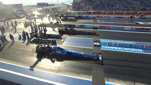 Leah Pruett is the No. 1 qualifier in Top Fuel on Friday of the 2022 Four-Wide Nationals