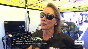 Karen Stoffer test pilot's two-valve Suzuki bike